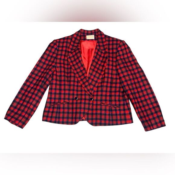 VINTAGE WOMENS PENDLETON RED & blue tartan PLAID 100% wool blazer size 18 - Picture 1 of 7